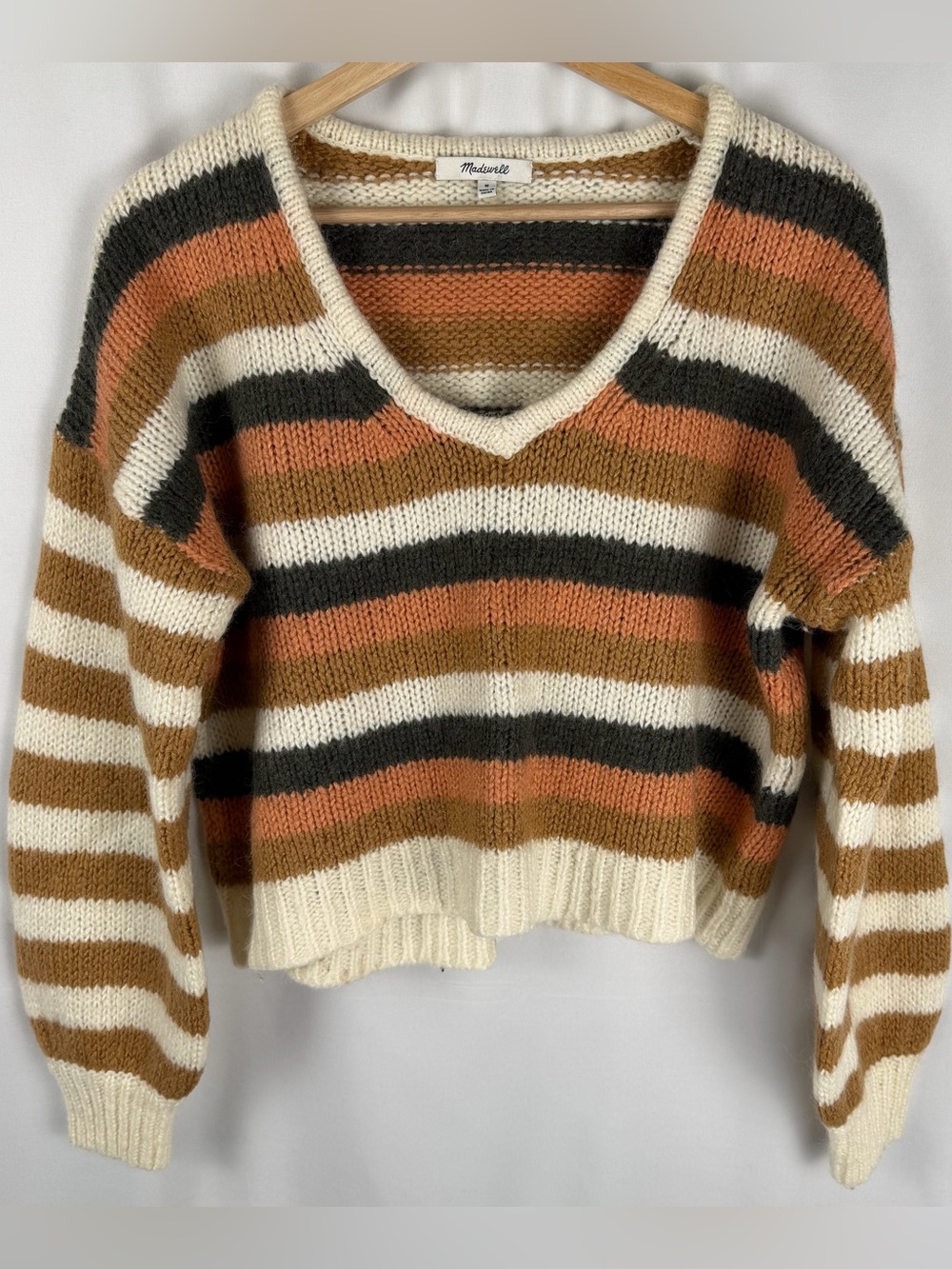 Madewell Striped V-Neck Women’s Sweater - Pink, Cream, Gray & Rust